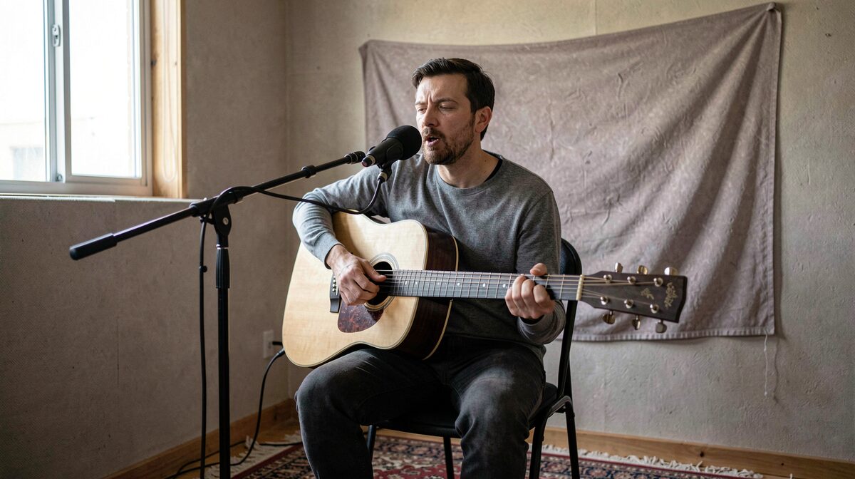 A seated guitarist in a small treated room, one condenser mic above and in front of the mouth, a second mic aimed at the guitar body, a moving blanket on the wall behind and a rug under the chair, lit by a single window on the left.
