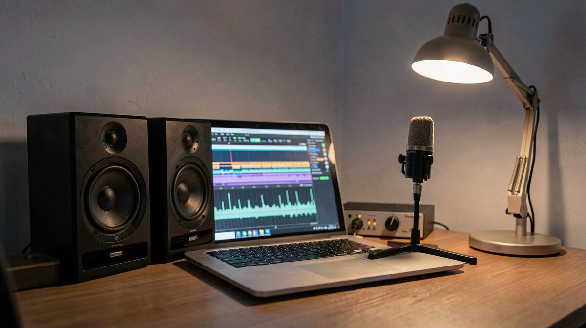 A small home studio at night: a pair of 5-inch nearfield monitors on a desk, a laptop screen showing a mono-summed mix, a measurement microphone on a stand at ear height, and a marked volume knob on the audio interface, lit by a single desk lamp.