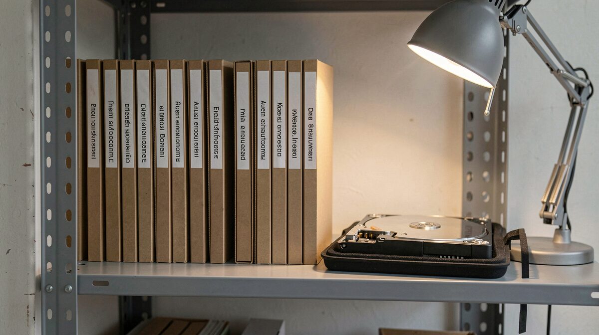 A grey steel shelving unit in a working studio, negative sleeves in labelled paper folders stacked upright, a bare drive in a padded case on the shelf beside them, one desk lamp raking across the folder spines, shot straight on at shelf height.